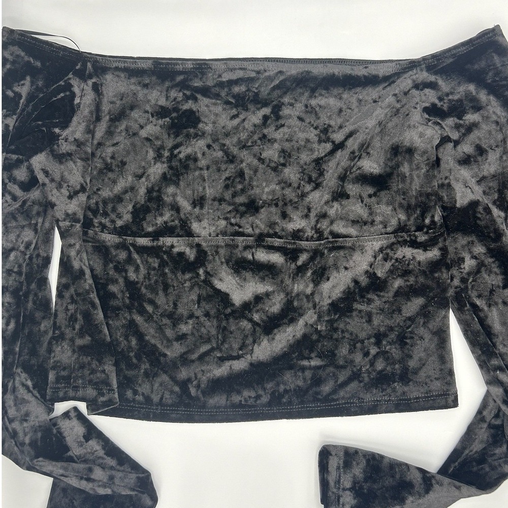 Black Crushed‎ Velvet Bardot Off Shoulder Long Sleeve Cropped Top Womens Size 8